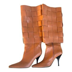 Caramel Brown Weaved Knee High Heeled Boots Size 8